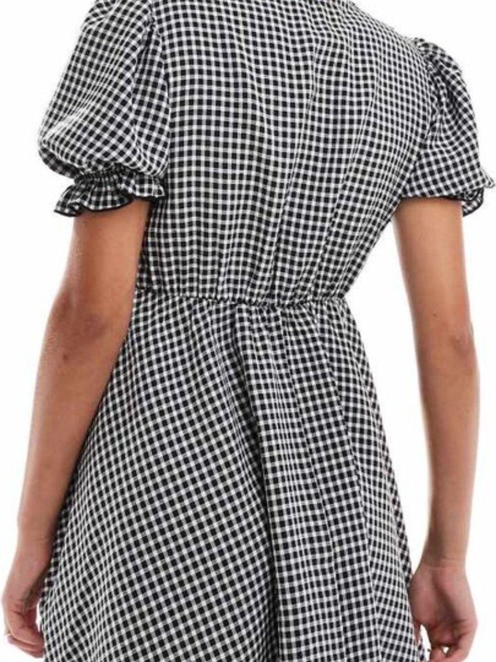 Black White Gingham Puff Sleeve Mini Dress | Ruffle Bib Collar | Size 6 - Picture 3 of 12